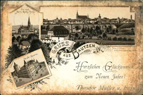 Ansichtskarte Litho AK Bautzen Budyšin Neujahr - Alte Kaserne, Totale 1896