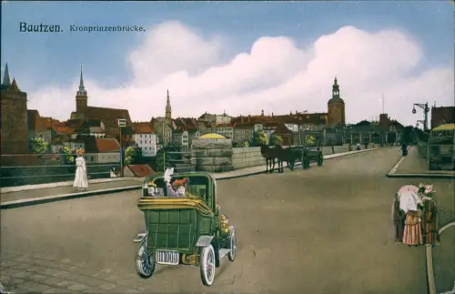 Ansichtskarte Bautzen Budyšin Kronprinzenbrücke Auto 1915