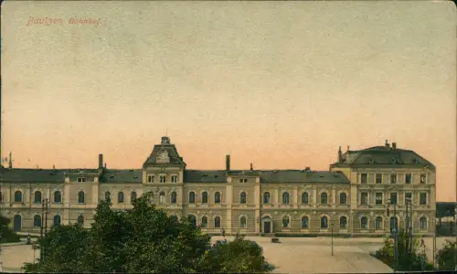 Ansichtskarte Bautzen Budyšin Bahnhof 1914  gel. Feldpoststempel Lazarett