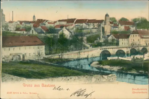 Ansichtskarte Bautzen Budyšin Stadtpartie Handkolorierte Künstlerkarte 1903