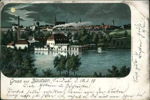 Litho AK Bautzen Budyšin Stadt Dampflokomotive Mondschein Gruss aus 1898