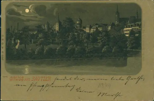 Litho AK Bautzen Budyšin Stadt mit Spree bei Mondschein Gruss aus... 1899