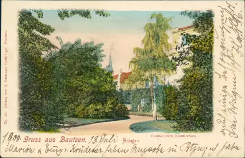 Bautzen Budyšin Partie in den Anlagen Handcolorierte Künstlerkarte 1900