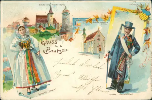 Litho AK Bautzen Budyšin Kirchen Wendin und Hochzeitsbitte Typen MB 1901
