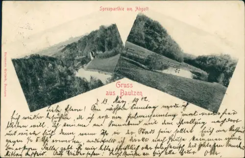 Ansichtskarte Bautzen Budyšin 2 Bild Spreeparthie am Abgott 1902