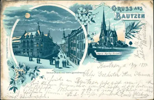 Litho AK Bautzen Budyšin Gruss aus... Lauenstraße Martha-Kirche Mondschein 1899