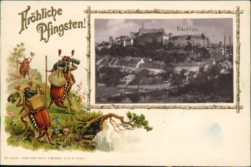 Bautzen Pfingsten Pentecost Pfingstkäfer als Menschen Stadt 1911 Prägekarte