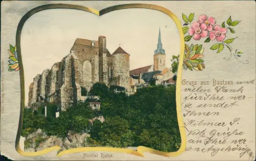 Ansichtskarte Bautzen Budyšin Nicolai Ruine. 3D Effekt Rahmenkarte 1907