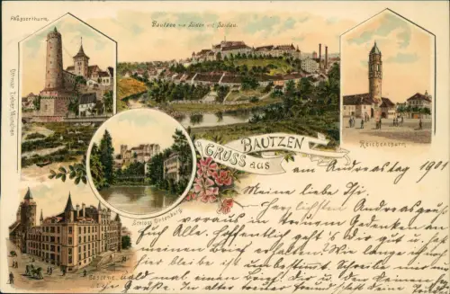 Litho AK Bautzen Budyšin Wasserturm Kasene Totale - Gruss aus... 1901