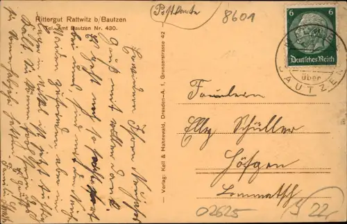 Ansichtskarte Stiebitz-Bautzen Budyšin Rittergut Rattwitz 1938