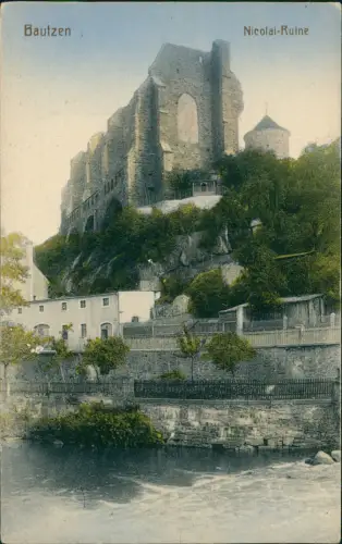 Bautzen Budyšin Spreepartie und Nicolai-Ruine colorierte AK 1909