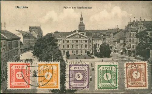 Ansichtskarte Bautzen Budyšin Partie am Stadttheater 1914  frankiert mit SBZ Satz
