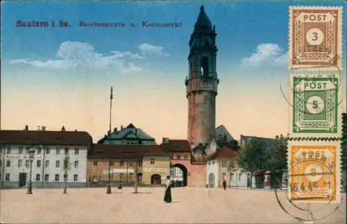 Ansichtskarte Bautzen Budyšin Reichenturm u. Kornmarkt 1914  frankiert SBZ