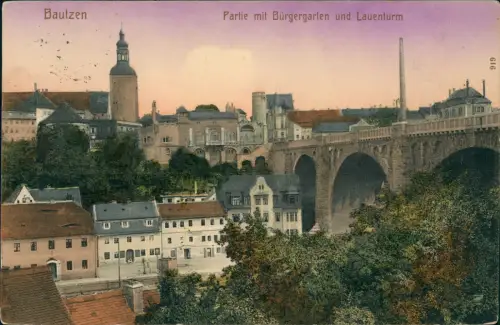 Ansichtskarte Bautzen Budyšin Partie mit Bürgergarten und Lauenturm 1914