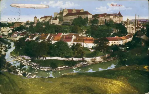 Ansichtskarte Bautzen Budyšin Spree, Stadt und Zeppelin 1914