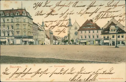 Bautzen Budyšin Kornmarkt Handkolorierte Künstlerkarte Geschäfte 1903