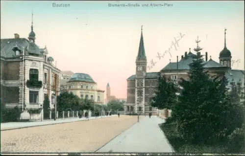 Ansichtskarte Bautzen Budyšin Bismarck-Straße und Albert-Platz 1907