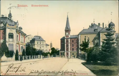 Bautzen Budyšin Bismarckstrasse. Handkolorierte Künstlerkarte 1909