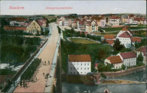 Ansichtskarte Bautzen Budyšin Kronprinzenbrücke mit Straße 1916