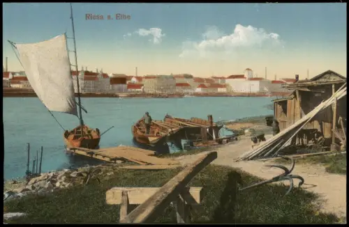 Ansichtskarte Riesa Stadt, Hütte und Boote an der Elbe 1915