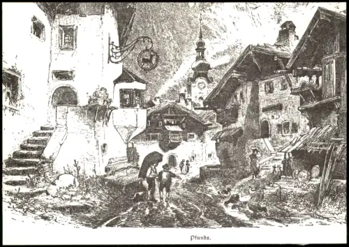 Pfunds Historische Dorfstraße mit Kirchturm und Staffagefiguren 1980