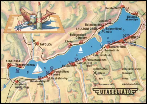 .Ungarn Illustrierte Landkarte des Balaton mit Utasellátó-Gastronomie 1974