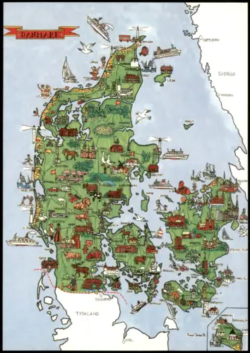 Postcard .Dänemark - Illustrierte Landkarte von Dänemark 1990