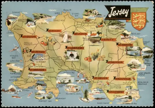 Postcard Jersey Illustrierte Landkarte der Insel Jersey 1960