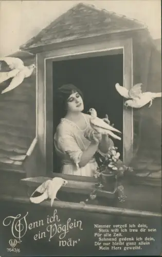 Fotokunst schöne Frau am Fenster Wenn ich ein Vöglein wär 1919
