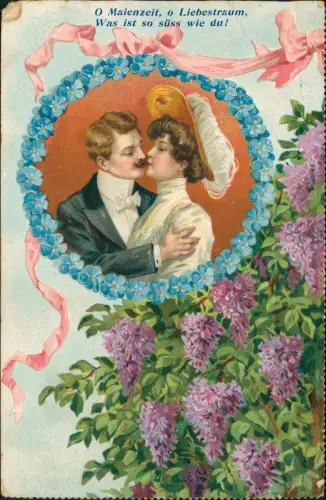 Liebe Liebespaare - Love Küssende Veilchen Flieder Künstlerkarte 1908 Prägekarte