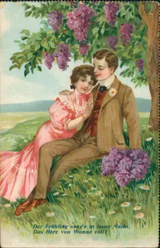 Liebe Liebespaare Love Der Frühling    Das Herz von Wonne voll! 1909 Prägekarte
