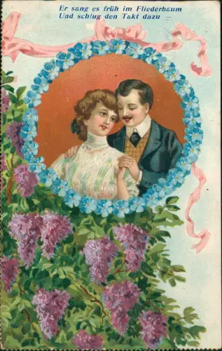 Liebe Liebespaare Love Er sang es früh im Fliederbaum 1908 Prägekarte