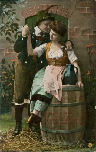 Ansichtskarte  Liebe Liebespaar Love in Tracht auf Bierfass Paß auf mei 1915