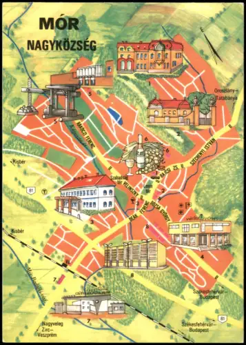 Postcard Mór Illustrierter Ortsplan mit Sehenswürdigkeiten 1977