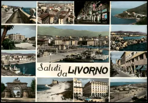 Cartolina Livorno Ligorno Mehrbildkarte mit Stadtansichten und Hafen 1960