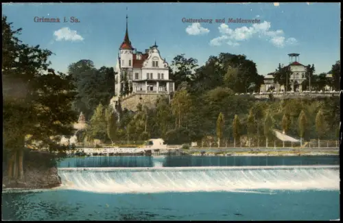 Ansichtskarte Grimma Gattersburg und Muldenwehr 1915