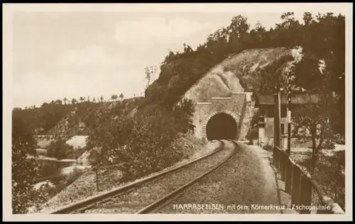 Ansichtskarte Frankenberg (Sachsen) HARRASFELSEN mit dem Körnerkreuz 1928