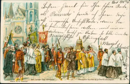 Litho AK Budapest Procession à la fête de St. Etienne à Budapest. 1898