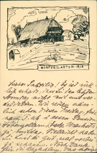 Hinterzarten Künstlerkarte Schwarzwaldhaus Illustration Zeichnung 1910
