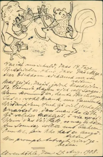 Künstlerkarte Illustration Tiere Löwe 1908  gel Karlsruhe (Ankunftsstempel)