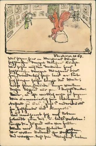 Ansichtskarte  Künstlerkarte Zeichnung Fuchs mit Fernglas gel. Weinheim 1906