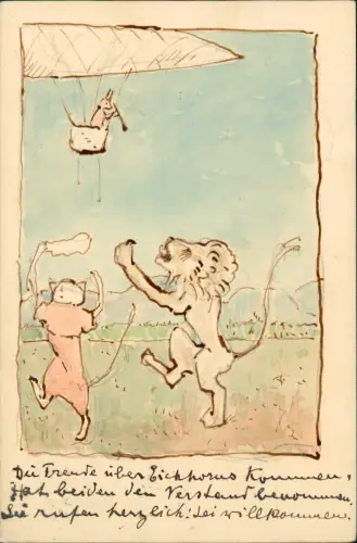 Ansichtskarte  Künstlerkarte Tiere handgemalt u.a. Löwe gel. Weinheim 1907
