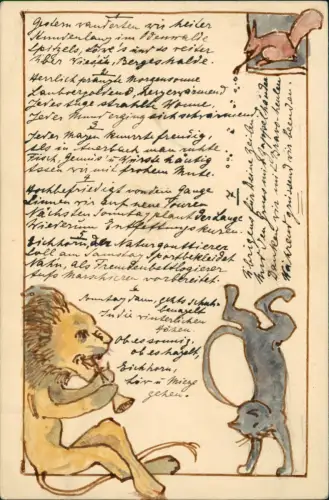 Künstlerkarte handgemalt, Tiere u.a. Löwe, Katze 1907 gel. WEINHEIM Bergstrasse