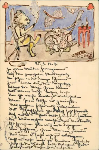 Künstlerkarte Tiere handgemalt,  Löwe rauchend 1906 gel  WEINHEIM Bergstrasse