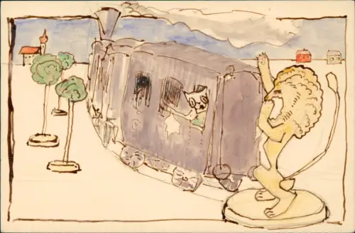 Ansichtskarte  Künstlerkarte handgemalte Tiere im Zug Löwe 1910 Bahnpoststempel