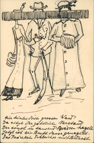 Künstlerkarte handgemalt handgezeichnete Personen 1907 gel WEINHEIM Bergstrasse