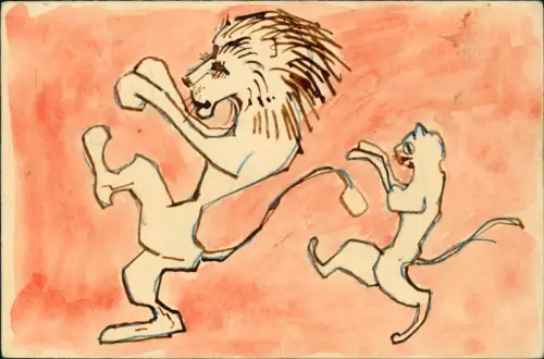 Kunst handgemalte Tiere Löwe Katze handkoloriert 1908 gel WEINHEIM Bergstrasse