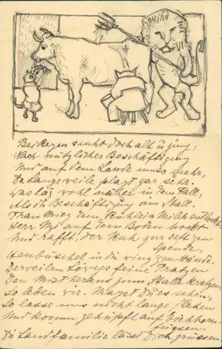 Künstlerkarte handgemalt, Löwe mit Stier, Tiere 1910 HINTERZARETEN Schwarzwald