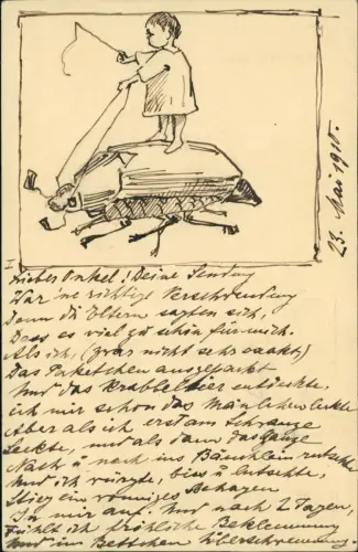 Künstlerkarte handgemalt hand-gezeichnet Kind auf Maikäfer 1910
