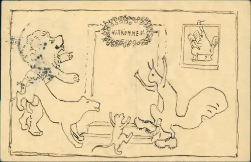 Künstlerkarte handgezeichnet, Tiere gemalt u.a. Löwe, Eichhörnchen 1913